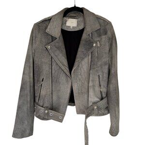 IRO Distressed Grey Leather Moto Jacket Size 42